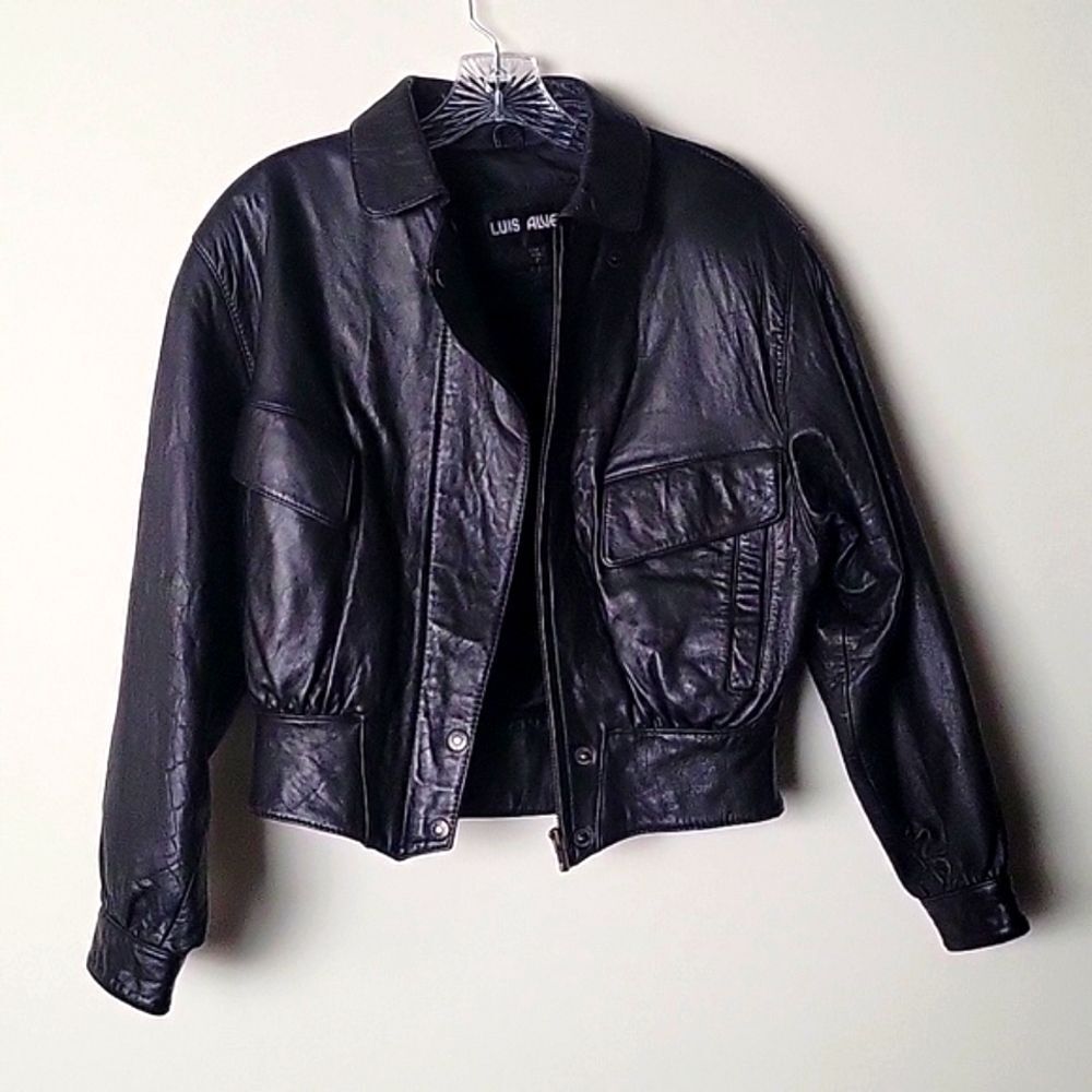 VTG Luis Alvear Womens P XS 80s  Leather Black Bomber Moto Biker Jacket Coat New - Picture 2 of 15
